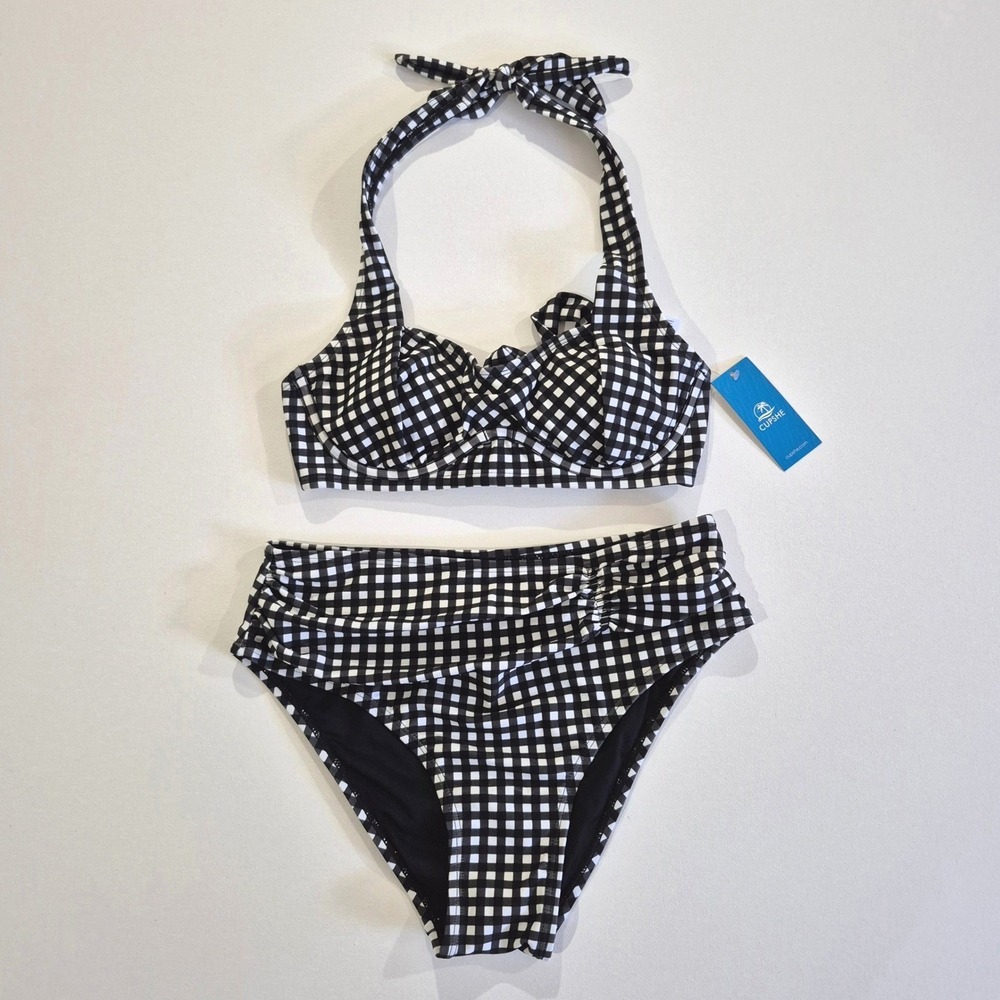 CUPSHE Womens Black White Gingham Underwire Halter High Waist Bikini‎ Set NWT